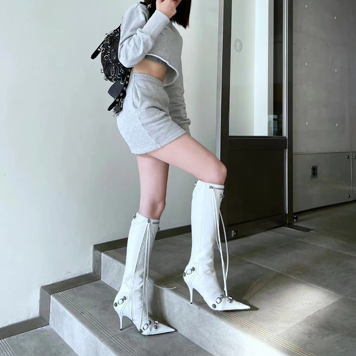 White Knee High Pointed Toe Metal Embellished Boots