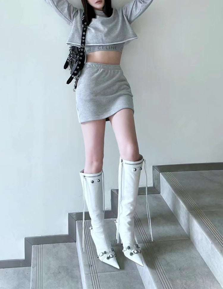 White Knee High Pointed Toe Metal Embellished Boots