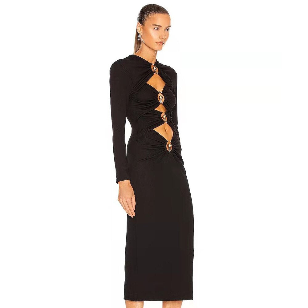 Black Long Sleeve Cut Out Metal Embellished Dress