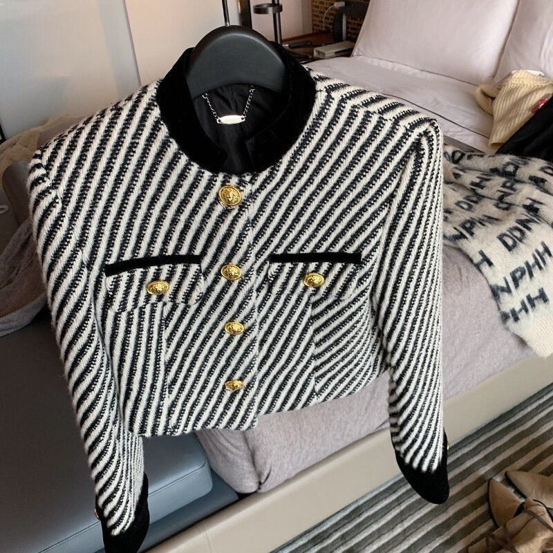 Black & White Cropped Gold Button Striped Tweed Jacket