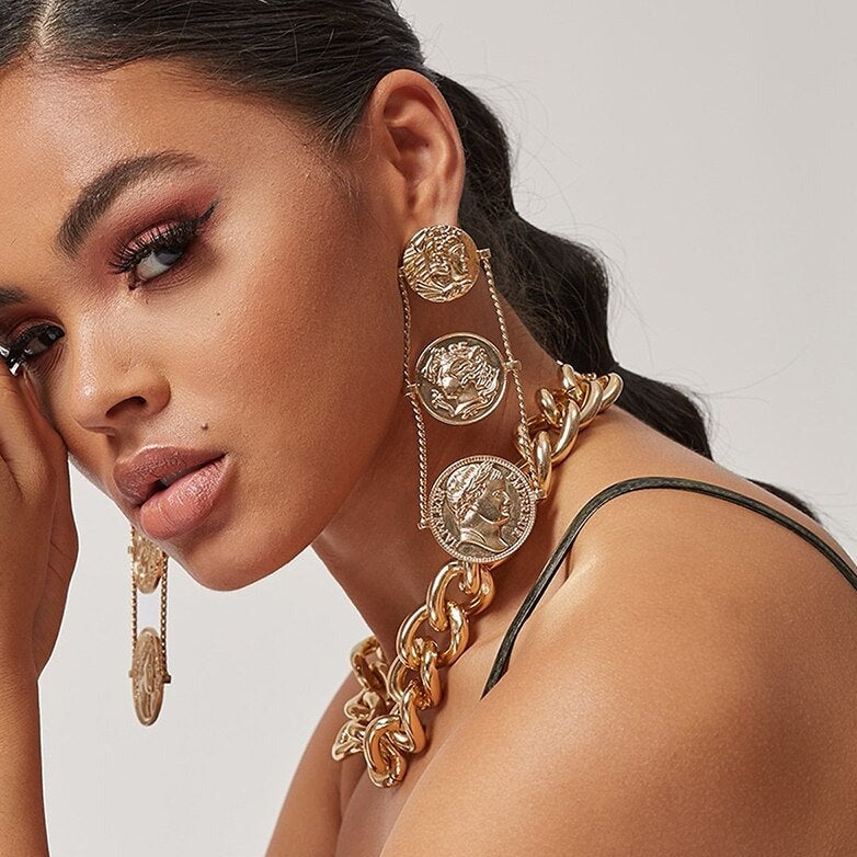 Gold Coin Medallion Drop Earrings