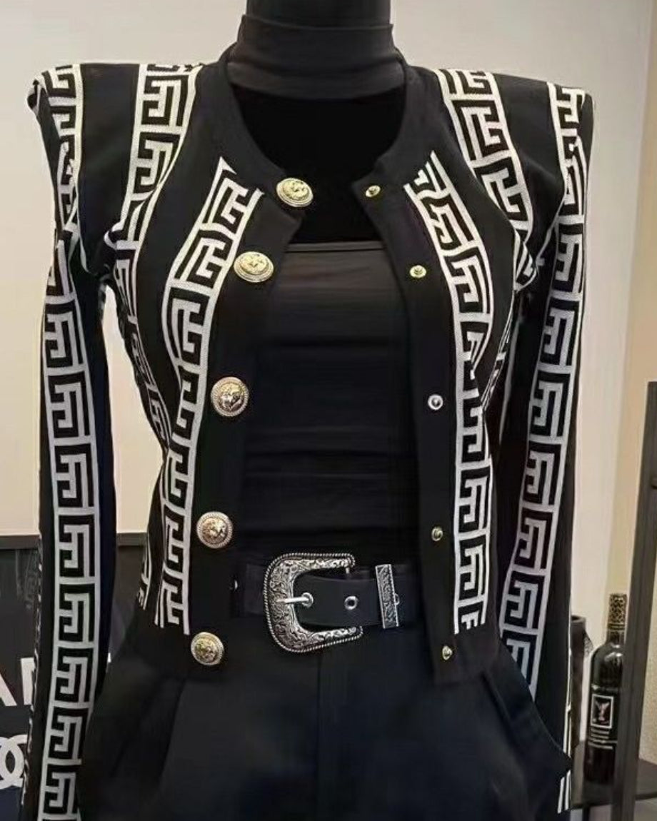 Black & White Jacquard Gold Button Sweater