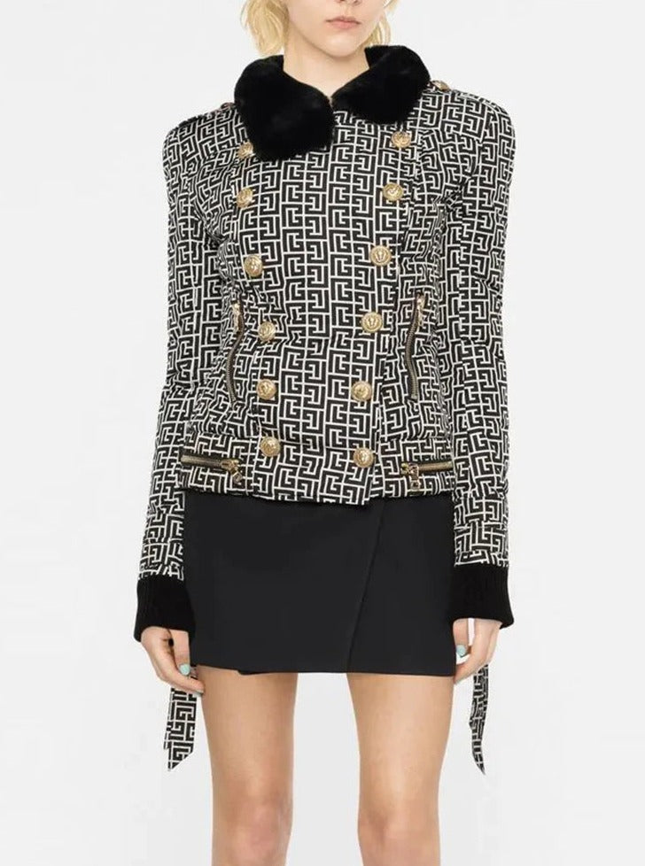 Jacquard Gold Button Puffer Jacket With Fur Collar