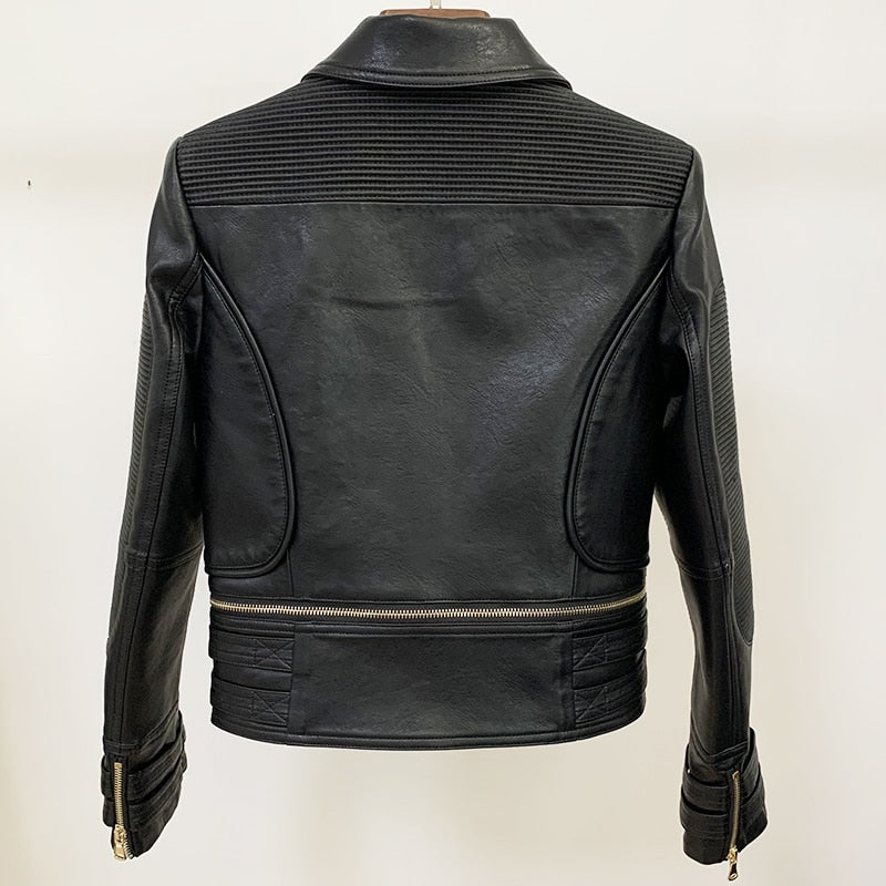Black Detachable Leather Gold Button Biker Jacket