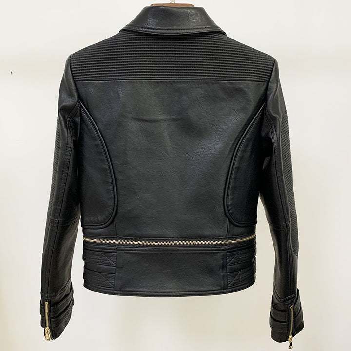 Black Detachable Leather Gold Button Biker Jacket