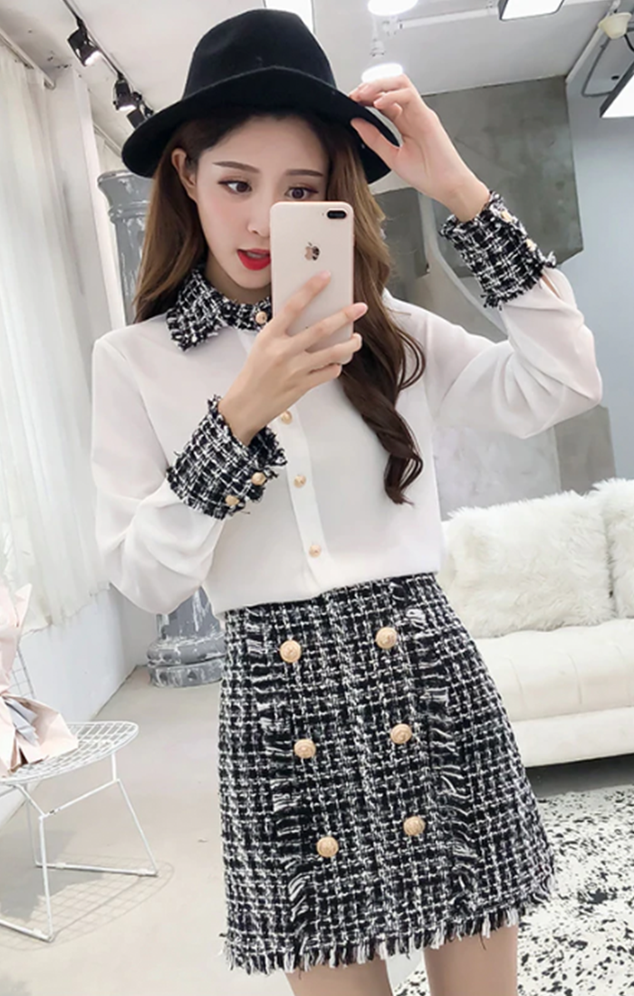 Tweed Gold Button Skirt & Blouse 2 Piece Set