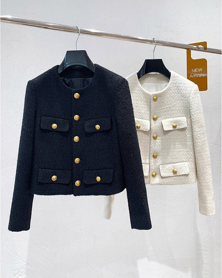 black gold button tweed blazer