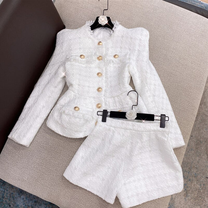 2-Piece Gold Button Tweed Jacket & Skirt Set