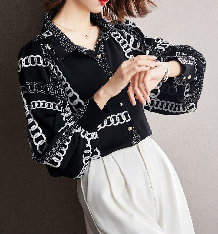 Black & White Vintage Chain Silk Blouse