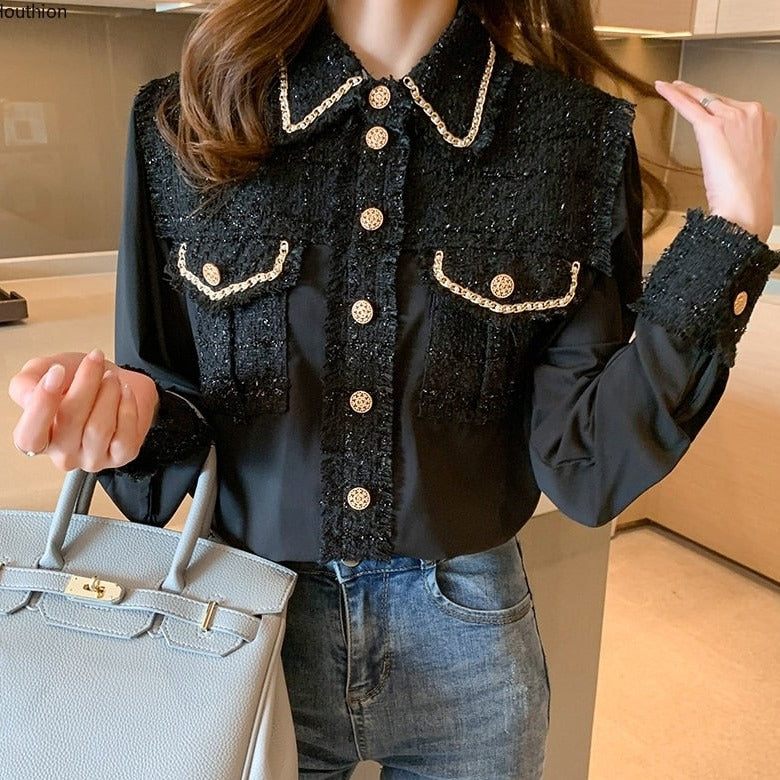 Tweed Silk Chain Gold Button Blouse