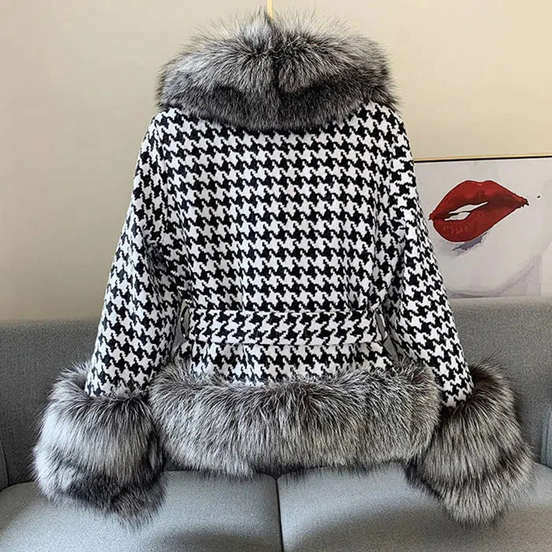 Faux-Fur Belted Houndstooth Jacket