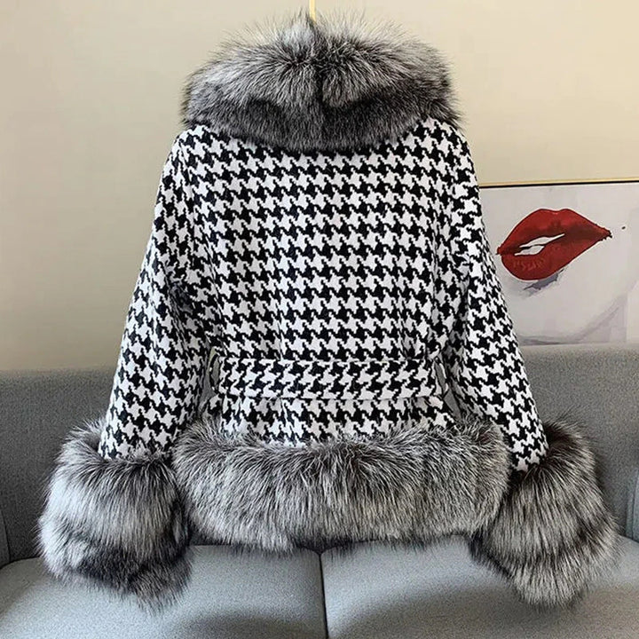 Faux-Fur Belted Houndstooth Jacket