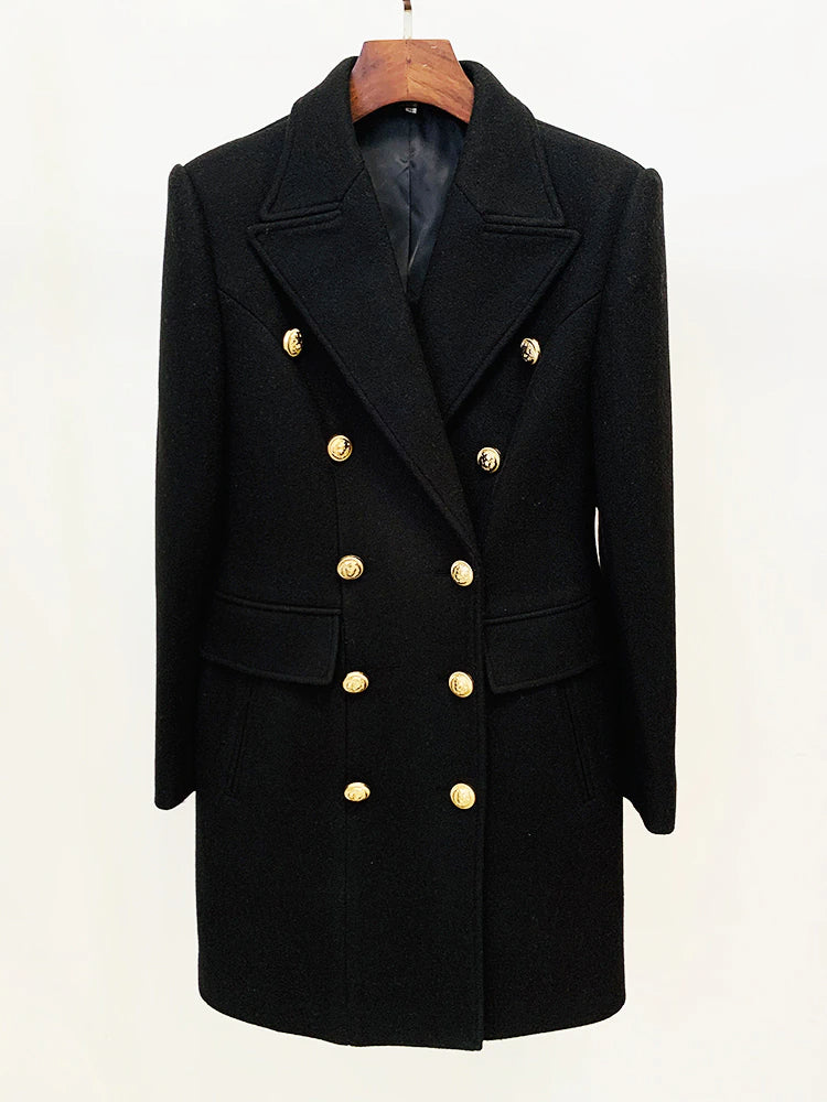 Black Double Breasted Gold Button Wool Coat