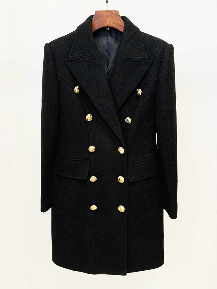 Black Double Breasted Gold Button Wool Coat