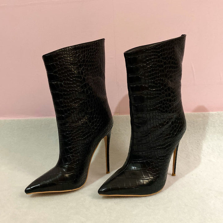 Black Croc Embossed Ankle Boots