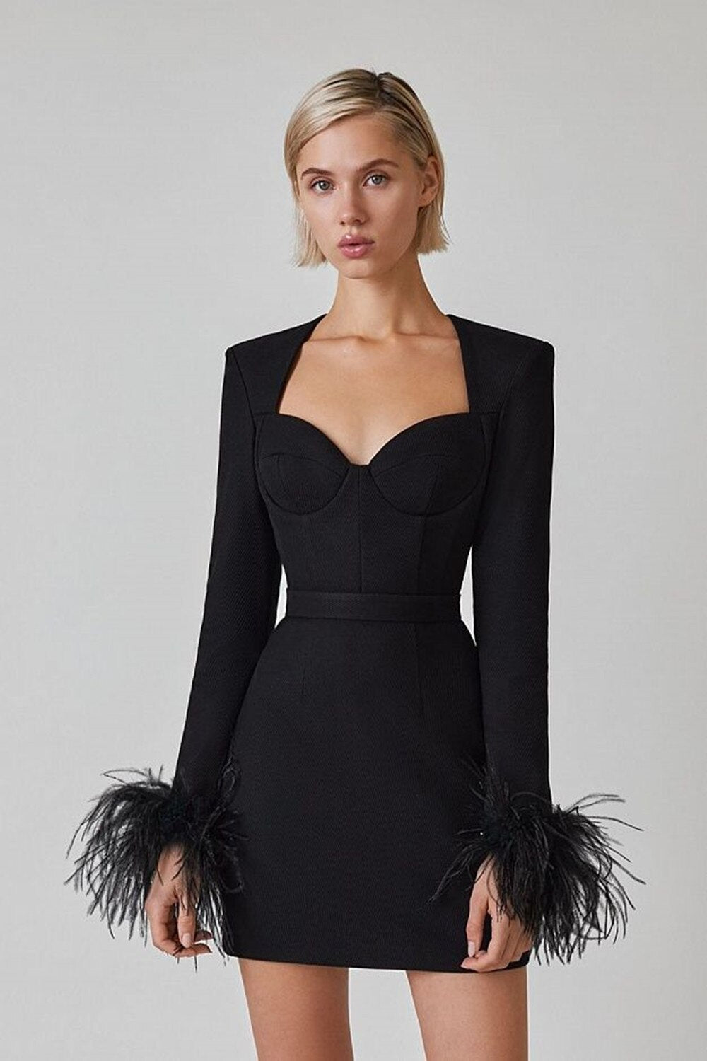 Black Sweetheart Long Sleeve Feather Trim Minidress