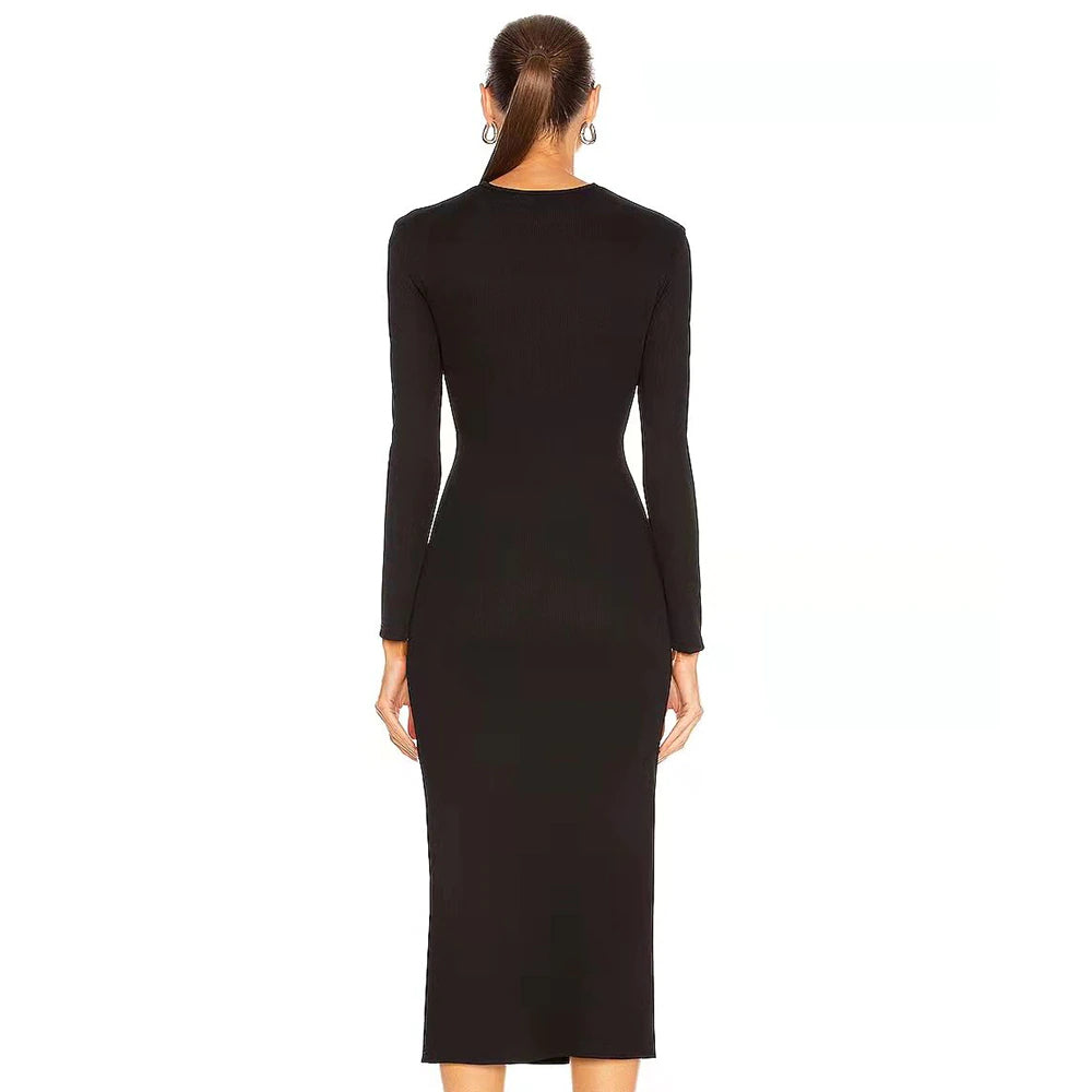 Black Long Sleeve Cut Out Metal Embellished Dress