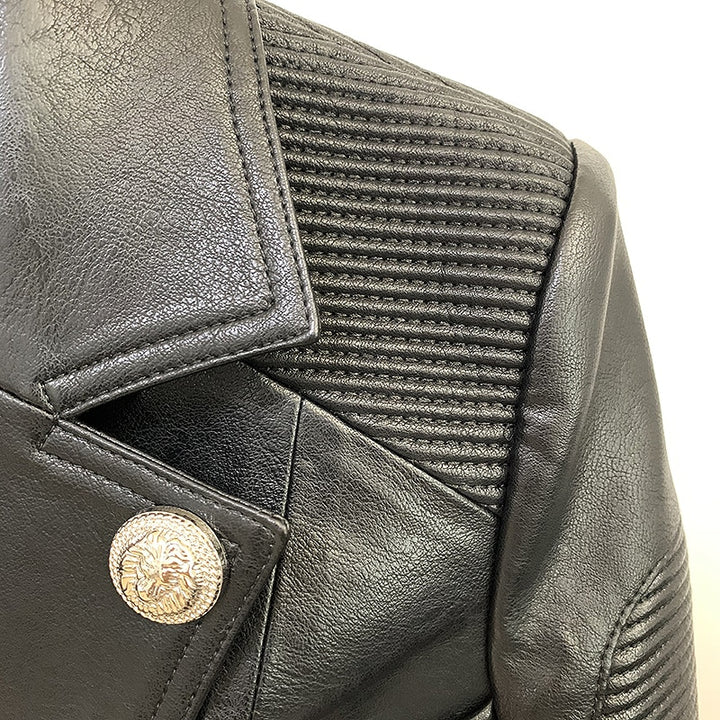 Black Detachable Leather Gold Button Biker Jacket