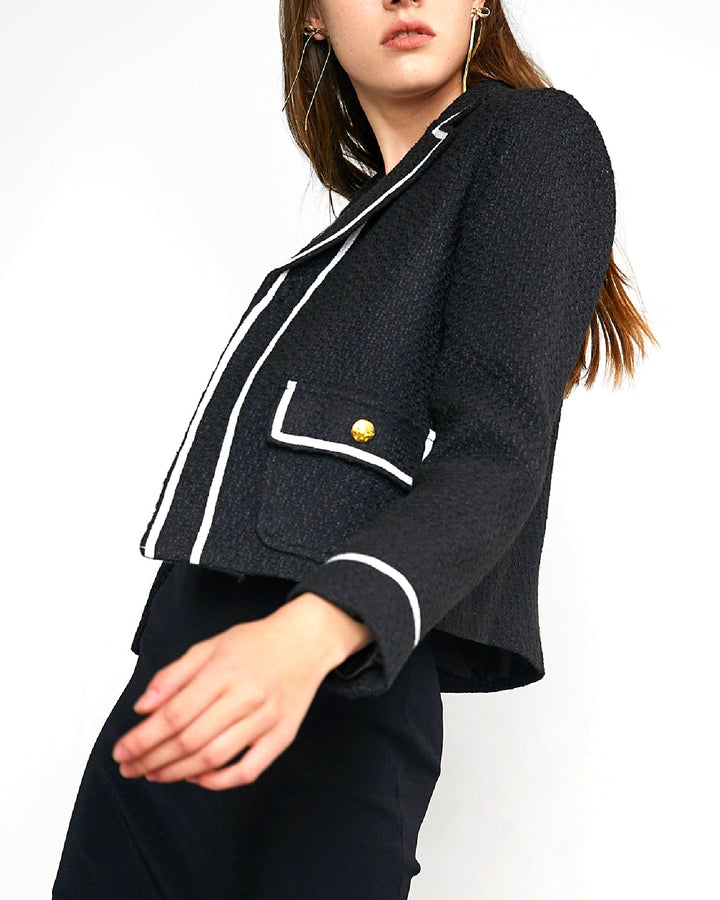 Black & White Tweed Lapel Gold Button Jacket