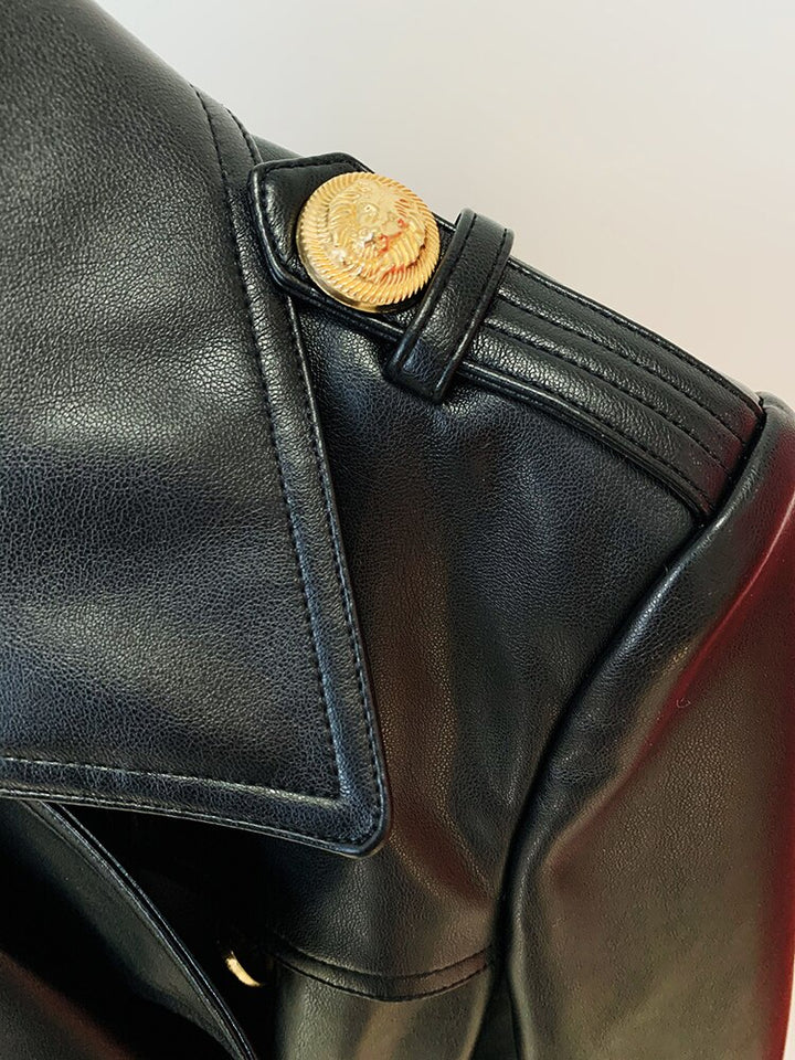 Black Leather Gold Button Trench Coat