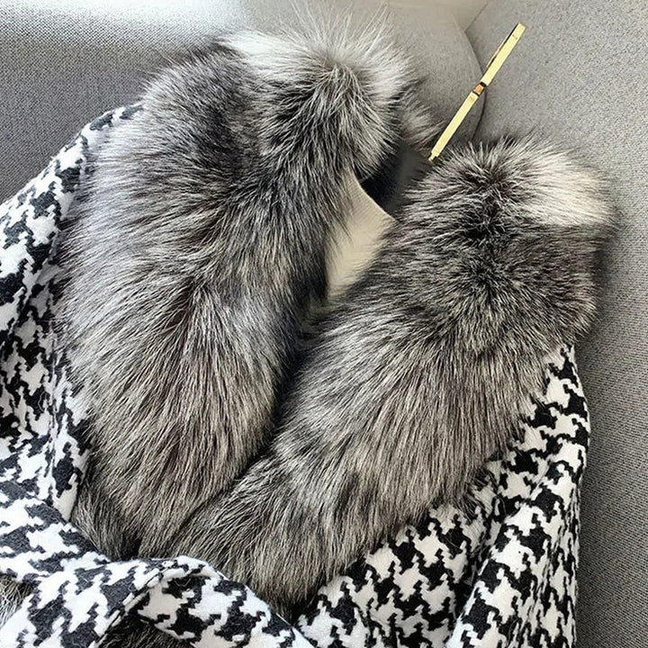 Faux-Fur Belted Houndstooth Jacket