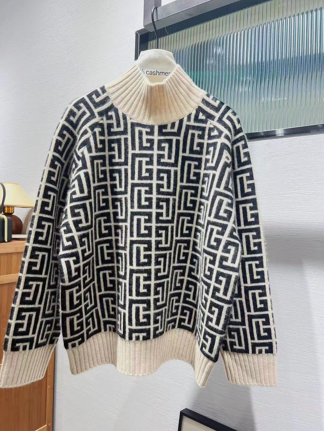 Cashmere Black & White Jacquard Turtleneck Sweater