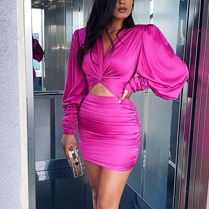 Hot Pink Ruched Long Sleeve Mini Dress