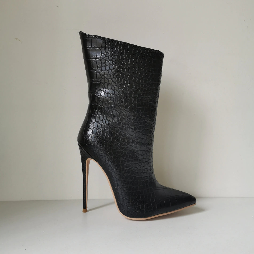 Black Croc Embossed Ankle Boots