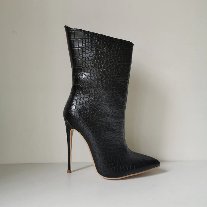 Black Croc Embossed Ankle Boots