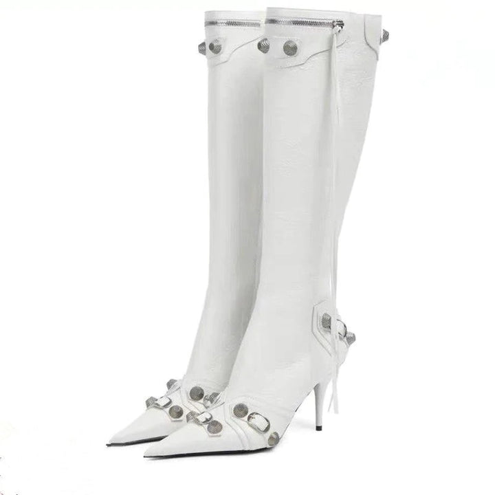 White Knee High Pointed Toe Metal Embellished Boots
