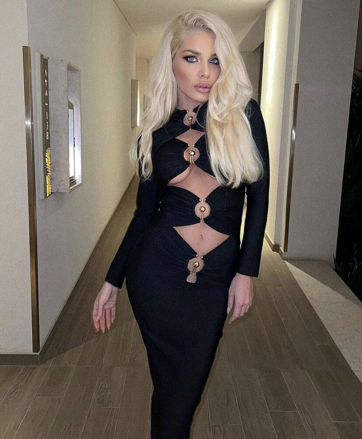 Black Long Sleeve Cut Out Metal Embellished Dress