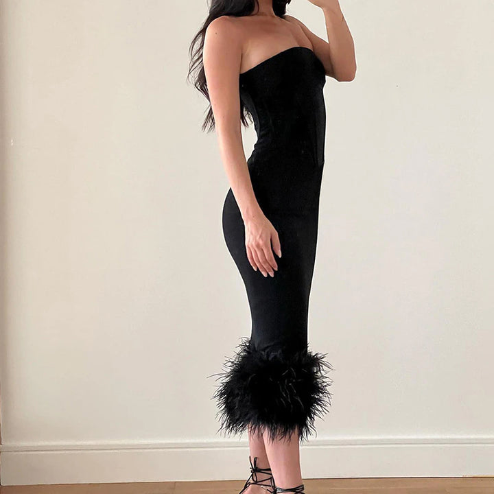 Black Strapless Feather Trimmed Pencil Dress
