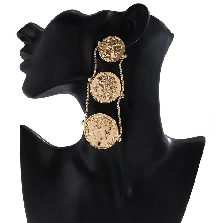 Gold Coin Medallion Drop Earrings