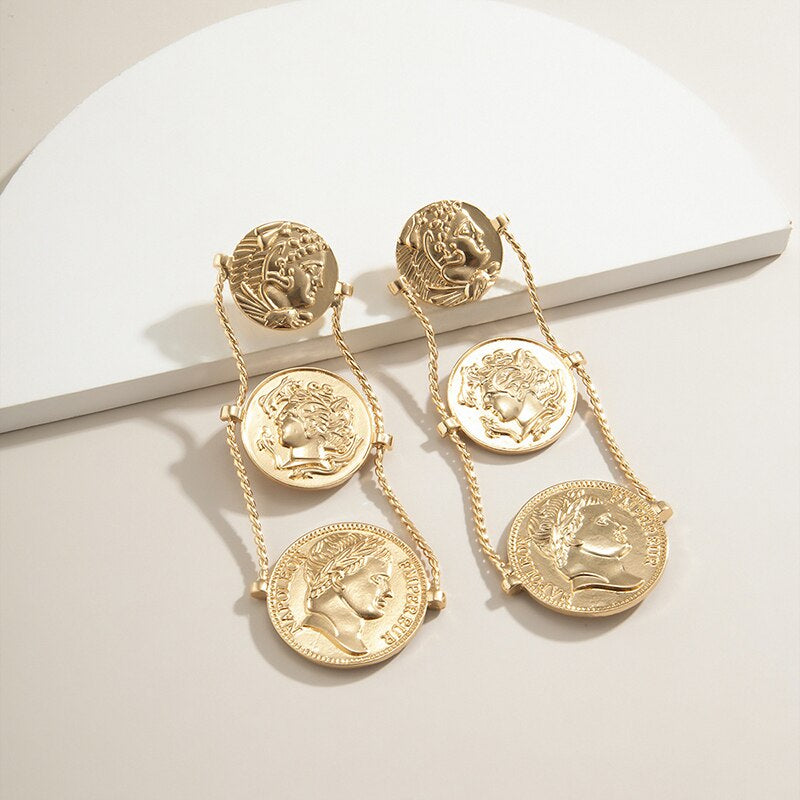 Gold Coin Medallion Drop Earrings