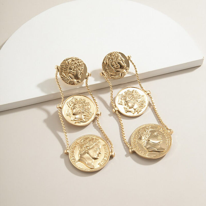 Gold Coin Medallion Drop Earrings