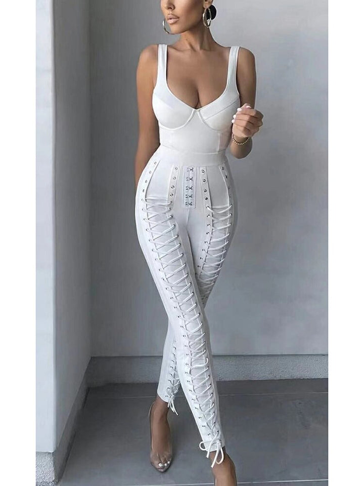 V-Neck Lace Up Pants Bandage Style Jumpsuit