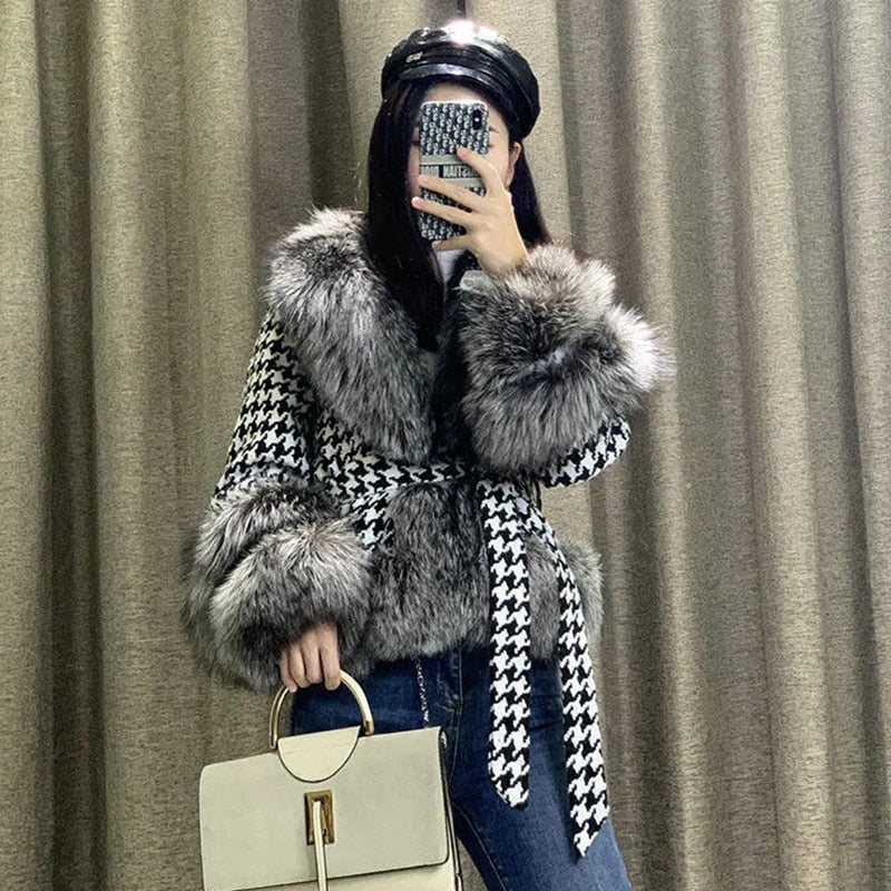 Faux-Fur Belted Houndstooth Jacket