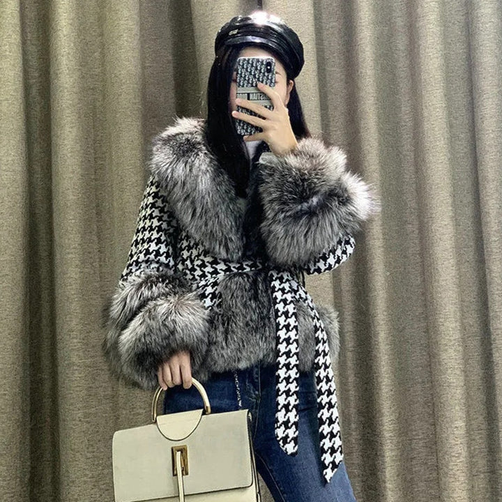 Faux-Fur Belted Houndstooth Jacket
