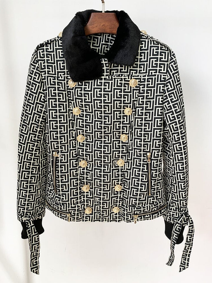 Jacquard Gold Button Puffer Jacket With Fur Collar