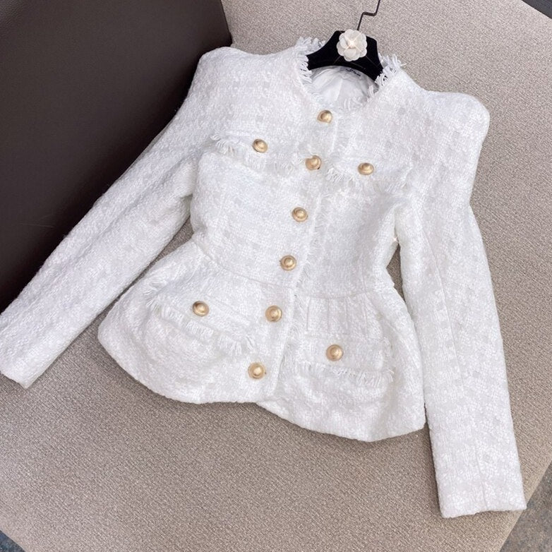 2-Piece Gold Button Tweed Jacket & Skirt Set