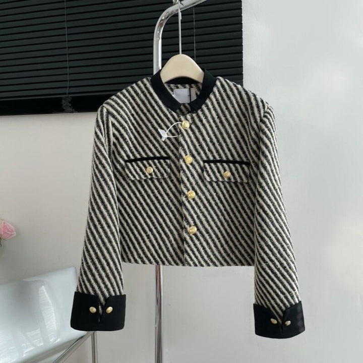 Black & White Cropped Gold Button Striped Tweed Jacket