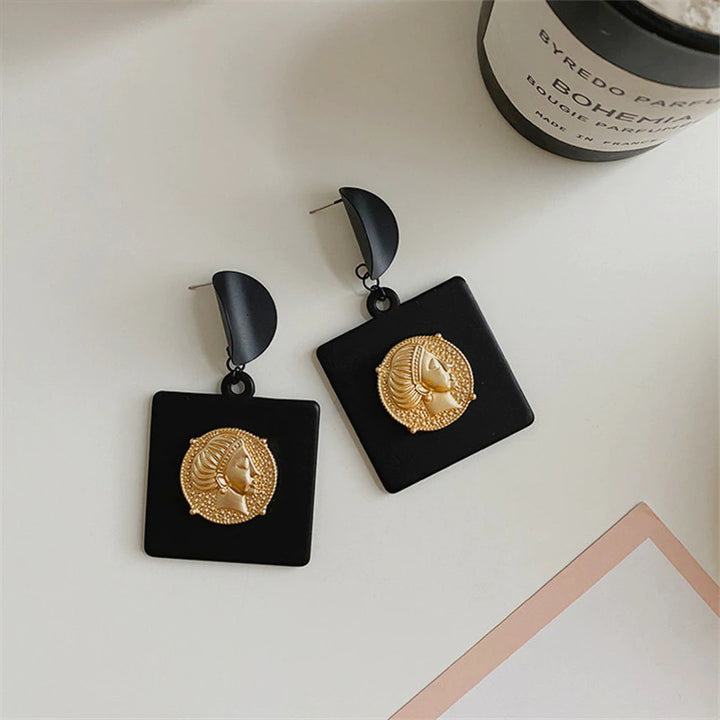 Black & Gold Square Vintage Drop Earrings