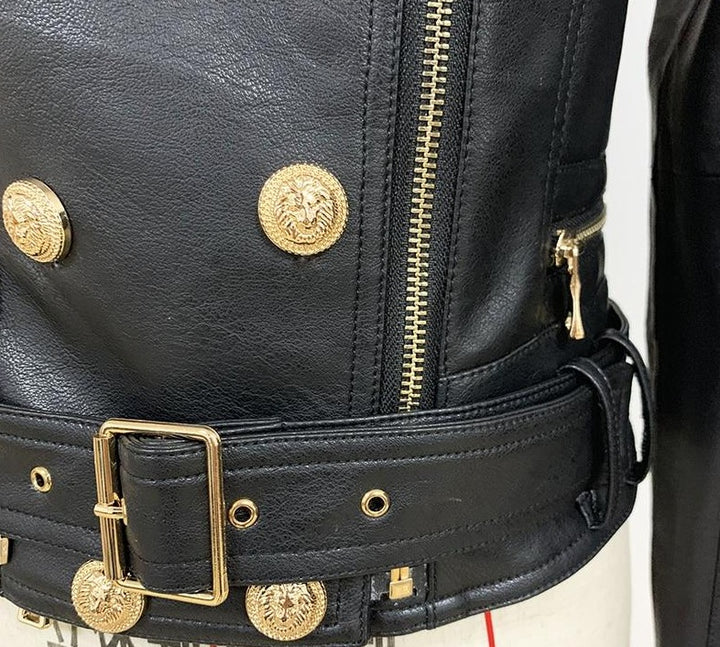 Black Leather Gold Button Biker Jacket