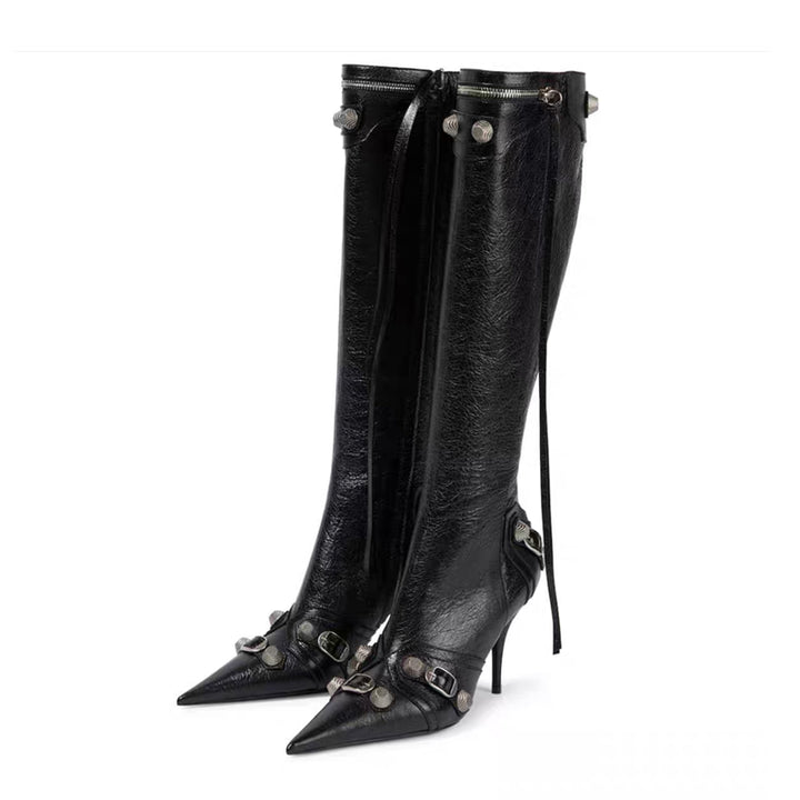 Black Knee High Pointed Toe Metal Embellished Boots