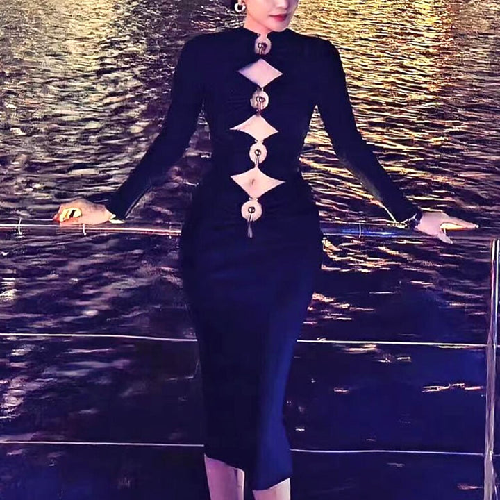 Black Long Sleeve Cut Out Metal Embellished Dress