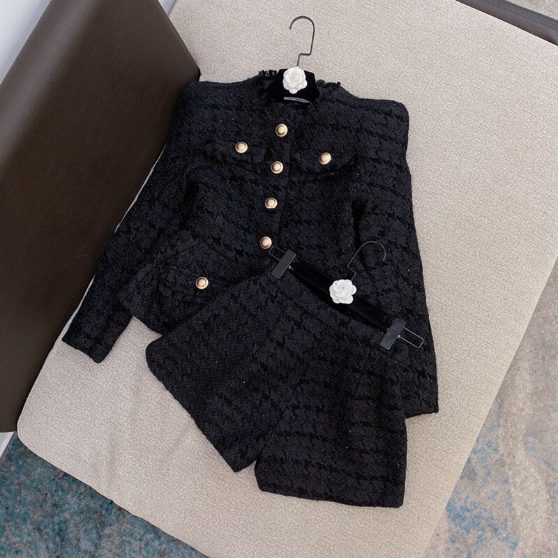 2-Piece Gold Button Tweed Jacket & Skirt Set
