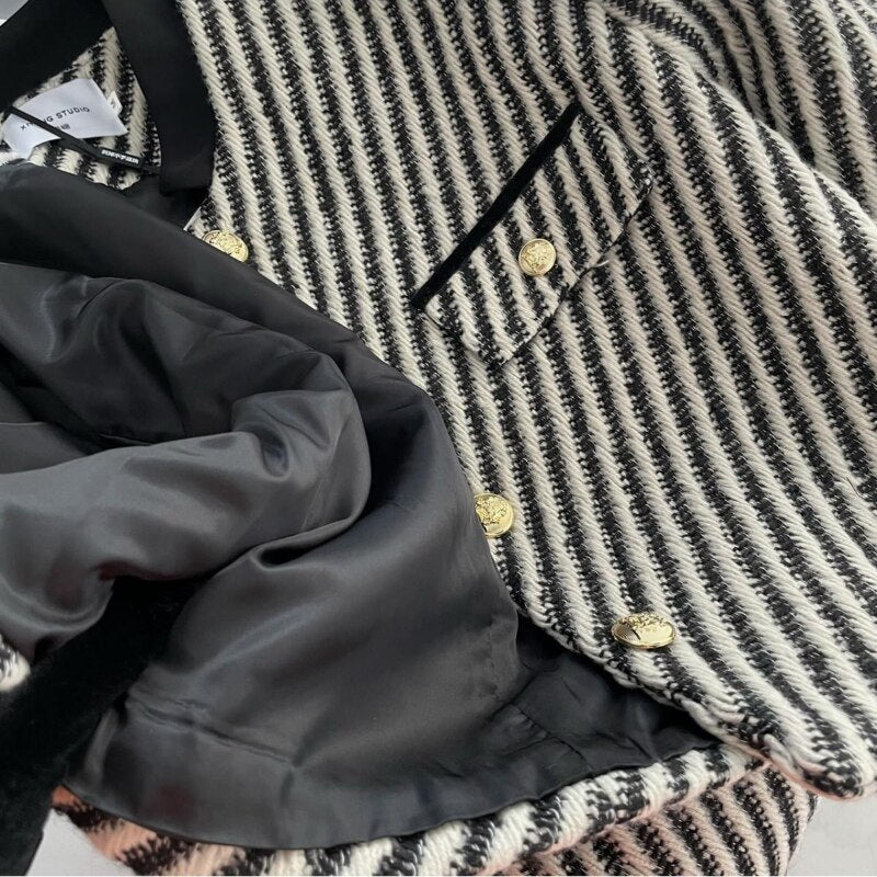 Black & White Cropped Gold Button Striped Tweed Jacket