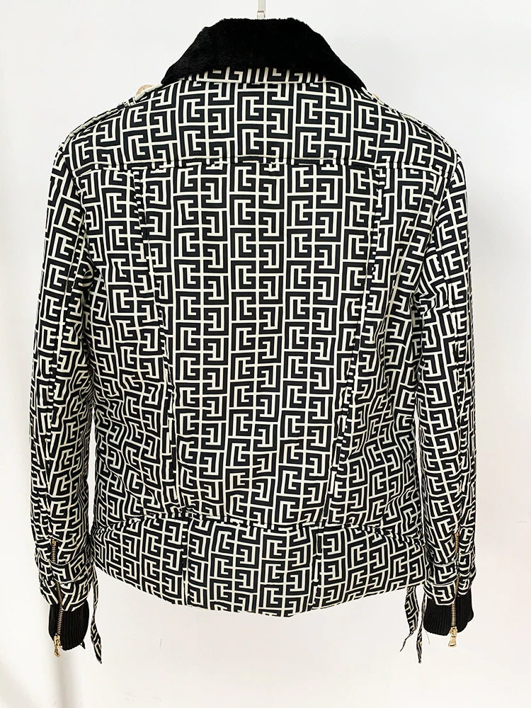 Jacquard Gold Button Puffer Jacket With Fur Collar