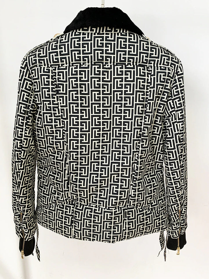 Jacquard Gold Button Puffer Jacket With Fur Collar
