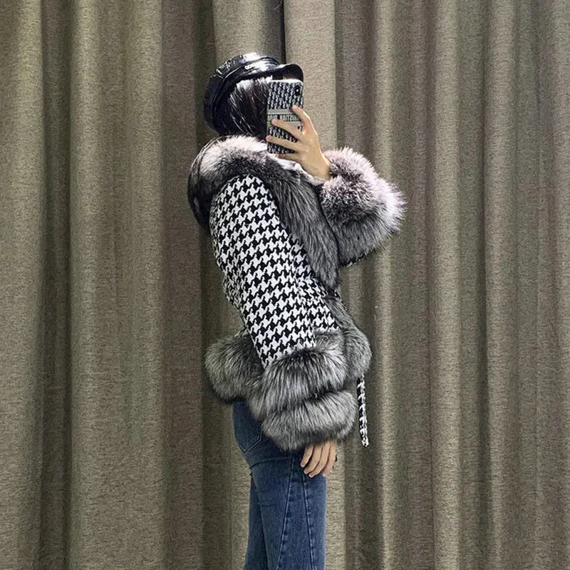 Faux-Fur Belted Houndstooth Jacket